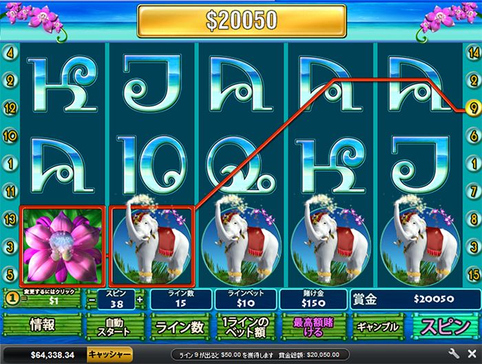 ビデオスロット「タイパラダイス」で「象」の5カード