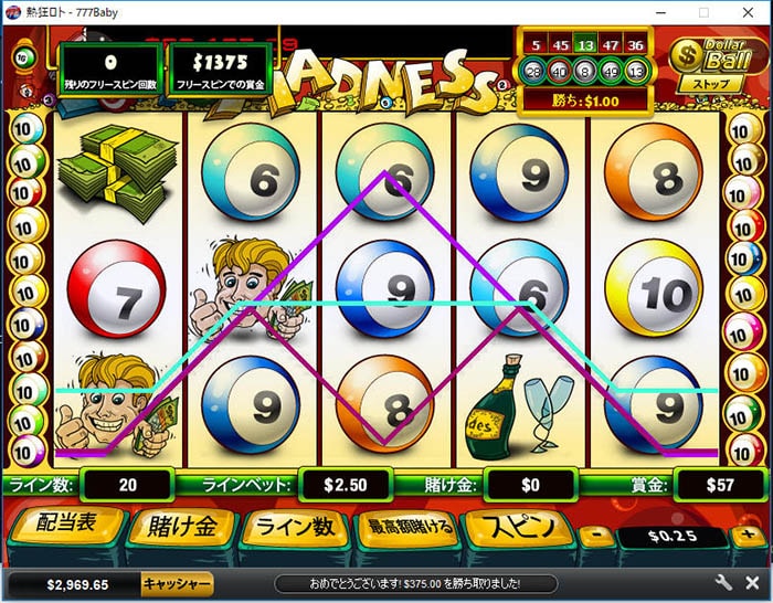 1,375ドル獲得 1,375ドル獲得