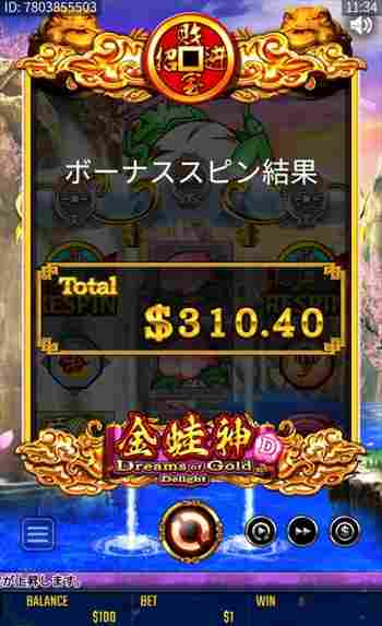 結果は$310! ボーナススピン終了画面