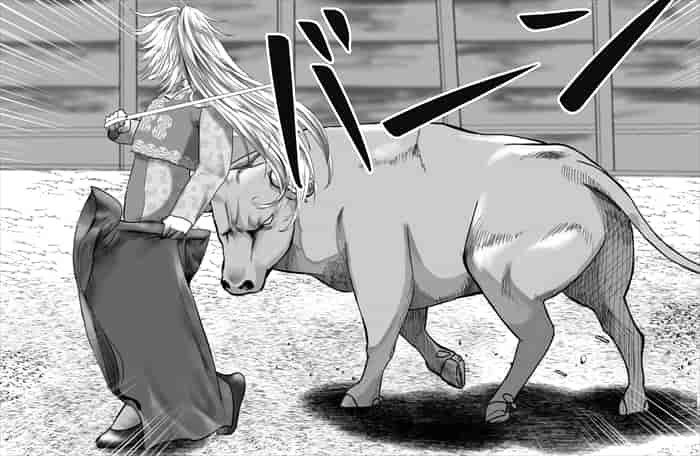 闘牛場だな! グリ将軍が闘牛場で闘牛と睨みあうイラスト