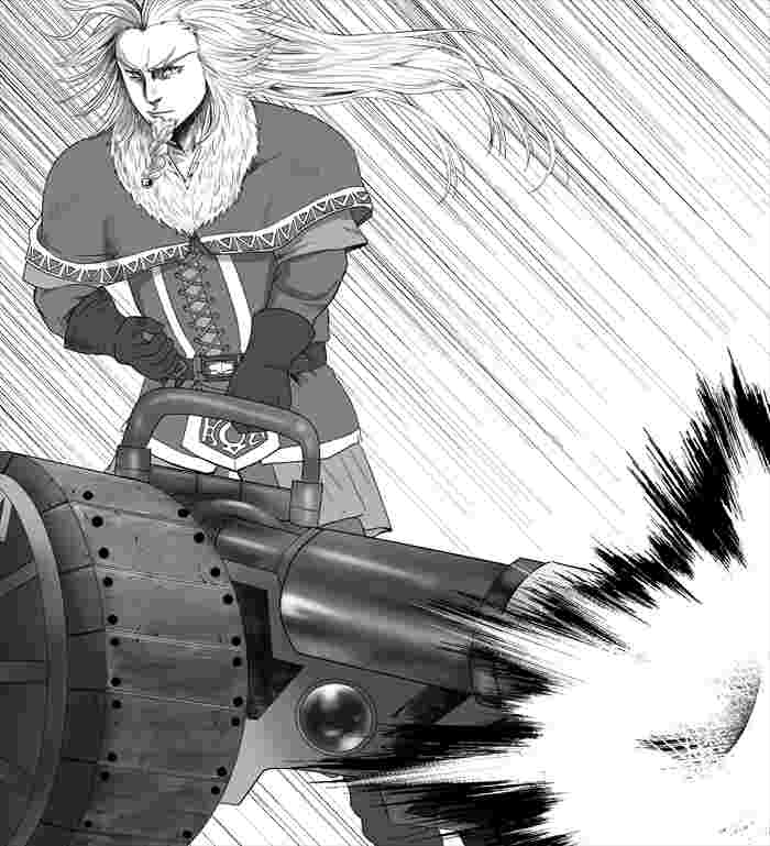 ガトリング砲発射! ドワーフの格好をしたグリ将軍が大砲を発射するイラスト
