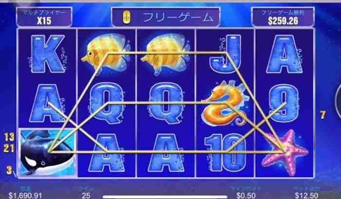 タコりボーナスで終了… 1リール目のシャチが2,3リールの絵柄とちょっと揃う画像