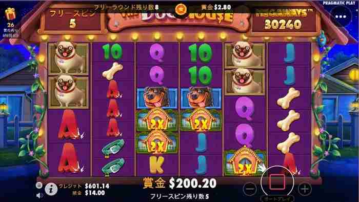 MEGAWAYSが30,240! A絵柄と×2ワイルドが計4個絡んで5カード達成画面