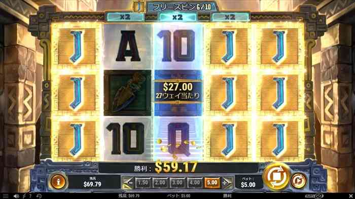 リールのどこかにJが3カ所以上出れば、リール全体に拡大するぜ! Jが3カ所で$27獲得画面