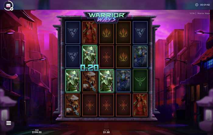 サイバー合戦テイストな画面だぜ! 『Warrior Ways』のスロット画面