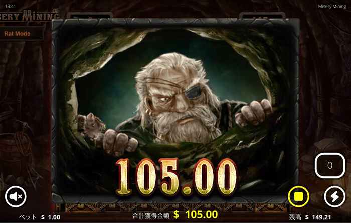フリースピンで$105獲得! Misery Miningのリザルト画面